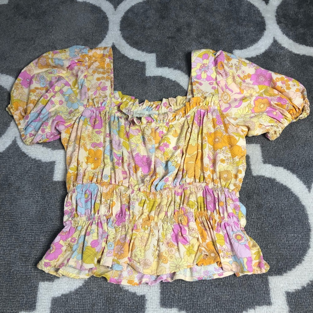 Cynthia Rowley Blouse NWT Womens XS Yellow Pink Floral Ruffle Short Sleeve